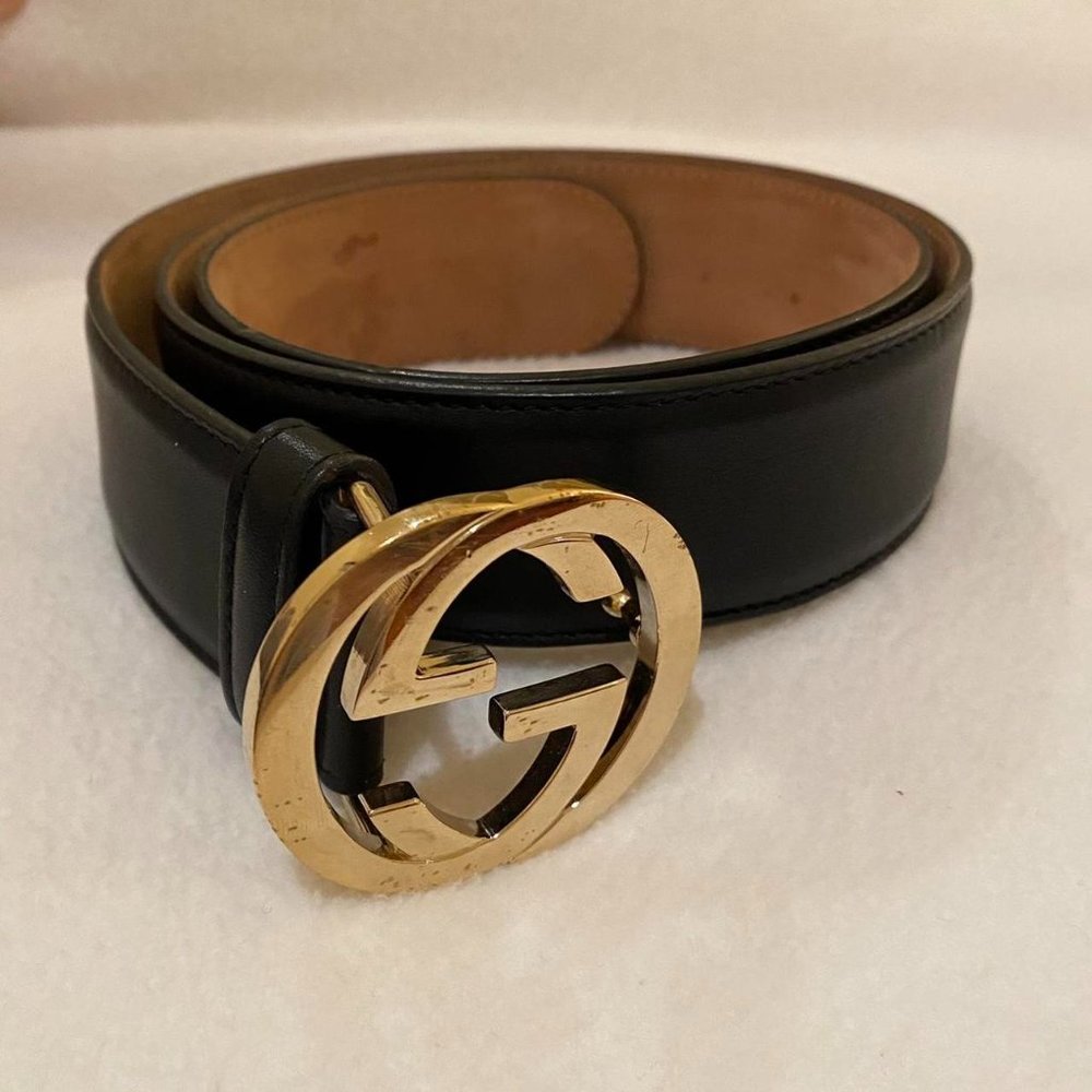 GUCCI double G logo black leather belt with hanging hook gold hardware 85/34